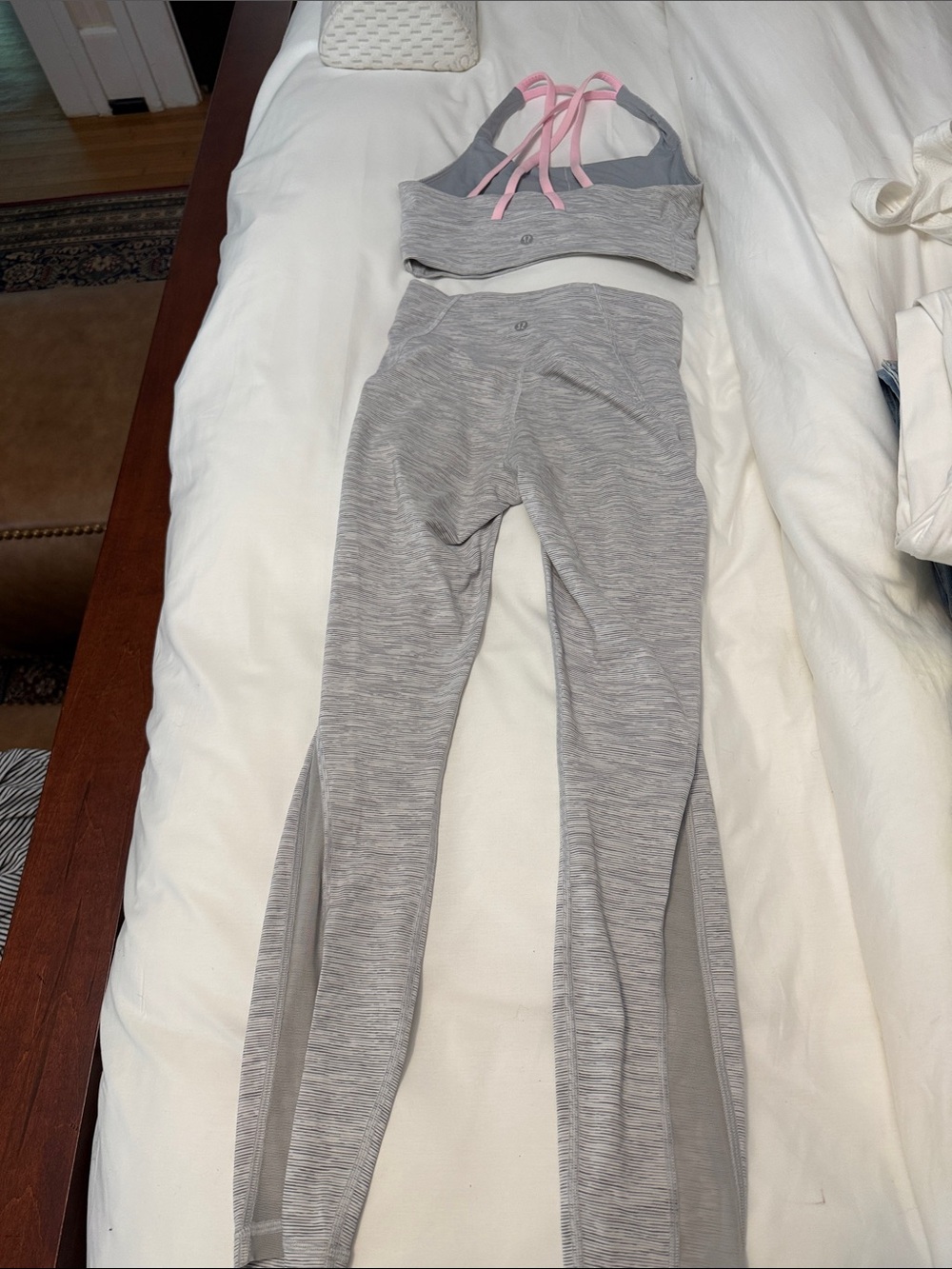 lululemon athletica Light Gray Leggings with Pink-Accent Sports Bra